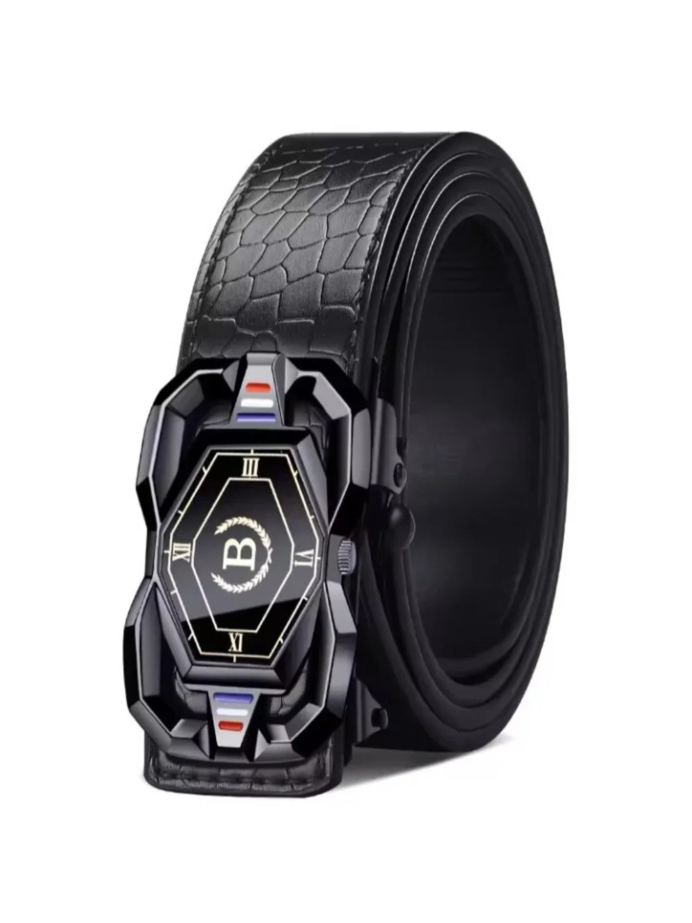 Elegant Fashion Men Belt Adjustable Black Buckle Crocodile Black Length 50.5 in